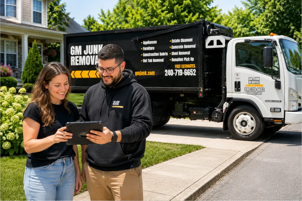 GM Junk Removal professional talking to a happy customer
